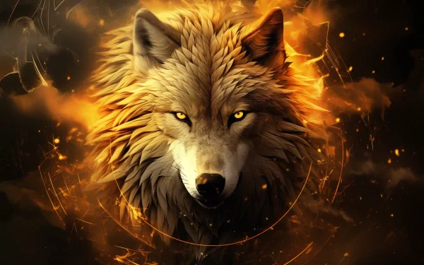 HD desktop wallpaper featuring a majestic wolf with fiery golden effects in the background.