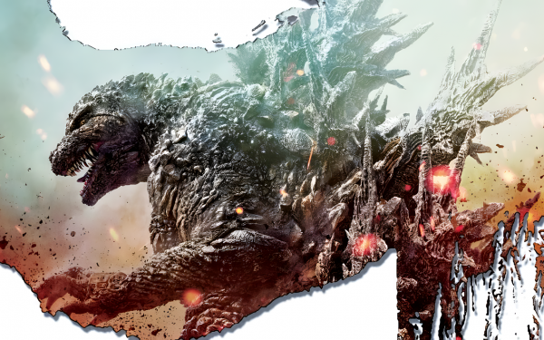 Alt-text: HD desktop wallpaper featuring a dynamic illustration of Godzilla from the movie 'Godzilla Minus One', with vivid colors and artistic details perfect for a background.