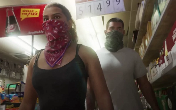 Jason from the video game Grand Theft Auto VI is depicted in this 4K Ultra HD PC desktop wallpaper, wearing a red bandana and a gray scarf inside a store.