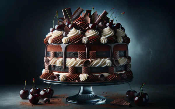 HD wallpaper of an elaborate Black Forest cake adorned with cherries and chocolate pieces on a dark background.