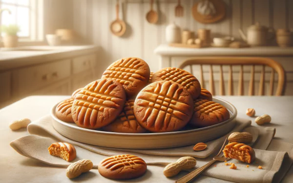 A warm, inviting scene of freshly baked peanut butter cookies stacked on a plate, surrounded by scattered peanuts, set in a cozy kitchen atmosphere. HD desktop wallpaper.