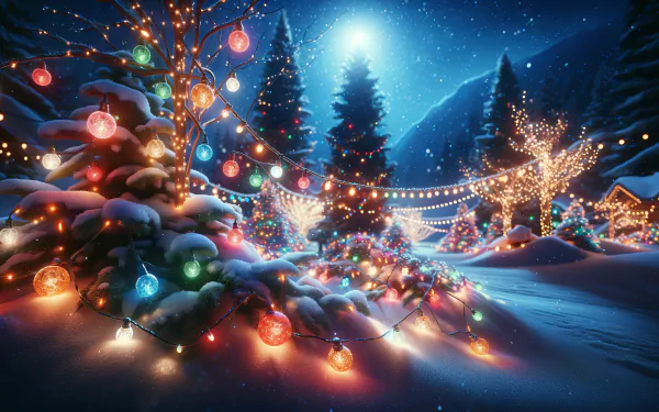Enchanting HD winter holiday wallpaper featuring a snowy landscape illuminated by colorful holiday lights on trees and decorations, with a starry night sky in the background.
