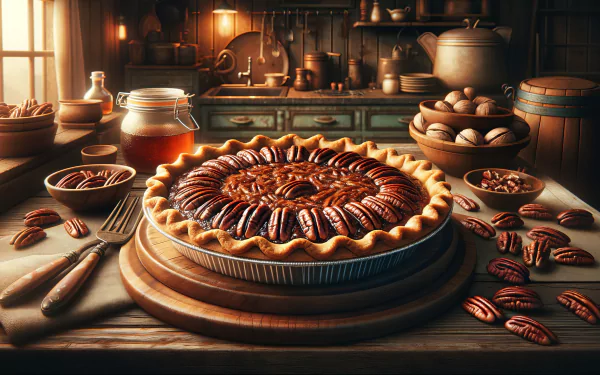 A beautifully baked pecan pie sits on a wooden table, surrounded by jars of syrup and scattered pecans, in a cozy kitchen setting. This HD wallpaper is rich in detail and warmth.