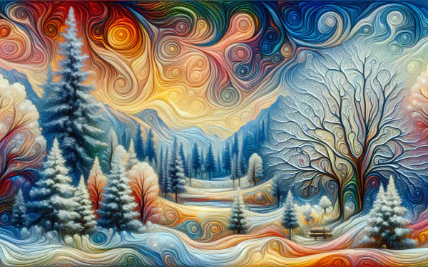 Colorful HD desktop wallpaper featuring an artistic winter scene with swirl patterns, snow-covered trees, and mountain landscape.