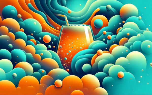 HD desktop wallpaper featuring an artistic rendition of a glass of cider amidst vibrant, abstract waves and bubbles in orange and blue tones.