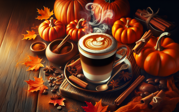 Cozy autumn-themed HD desktop wallpaper featuring a steaming pumpkin spice latte surrounded by pumpkins, cinnamon sticks, and fall leaves, perfect for a seasonal background.