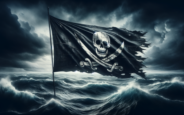 HD pirate flag wallpaper depicting a skull and crossed bones fluttering in the wind against a backdrop of stormy seas, ideal for a desktop background.