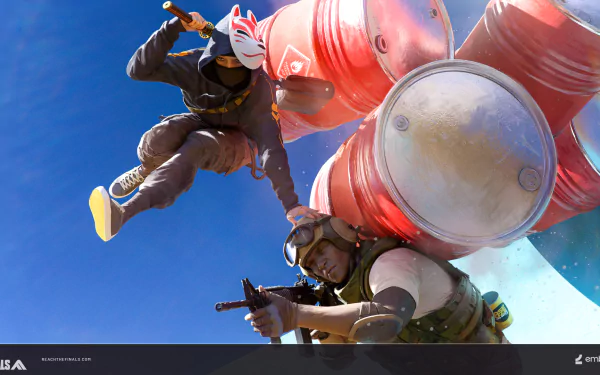 Dynamic HD wallpaper from the video game The Finals, featuring intense action as a character leaps over another amidst a vibrant backdrop.
