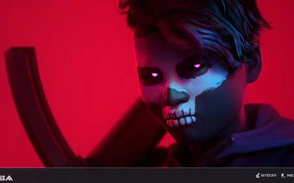 HD desktop wallpaper featuring a character from The Finals video game with a red background and glowing eyes.