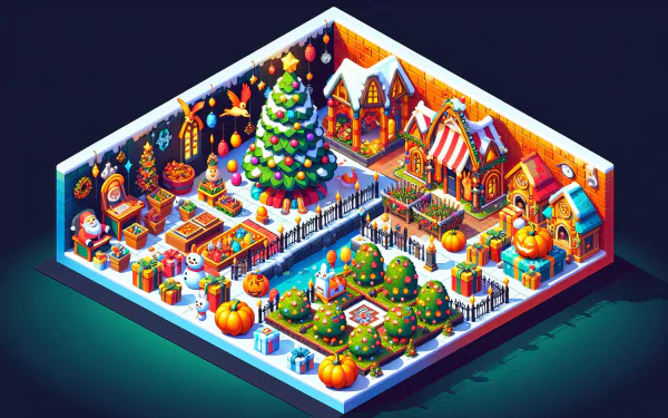 A festive HD desktop wallpaper featuring a colorful winter scene with a decorated Christmas tree, gingerbread houses, pumpkins, and cheerful holiday decorations.