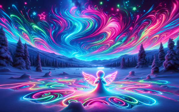 HD wallpaper featuring a vibrant, neon-lit snow angel in a mystical winter landscape with dazzling, colorful aurora-like sky.