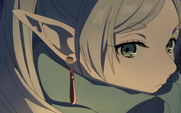 HD PC desktop wallpaper featuring an anime close-up of Frieren from Frieren: Beyond Journey's End, showcasing detailed elf-like features and a contemplative expression.