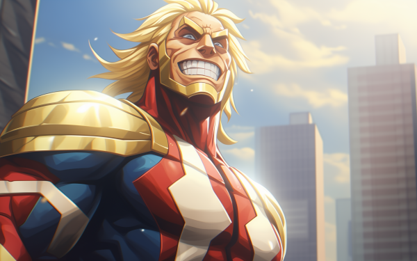 HD desktop wallpaper featuring All Might with a backdrop of a city skyline.