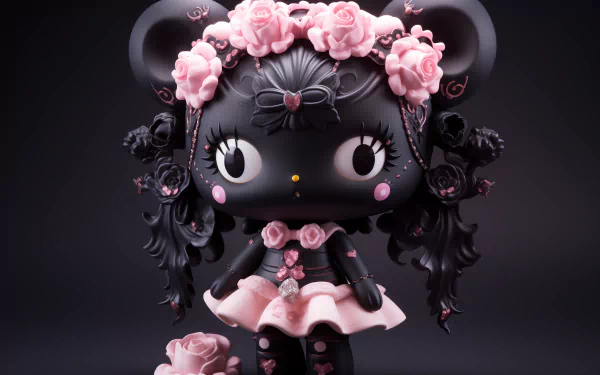 HD desktop wallpaper featuring Kuromi from Onegai My Melody adorned with elegant pink roses on a dark background.