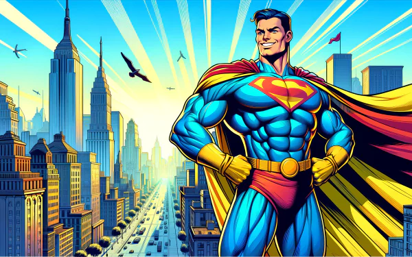 HD desktop wallpaper featuring Superman with a vibrant cityscape background.