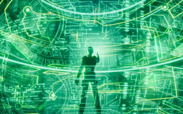 A striking HD desktop wallpaper featuring a silhouetted figure in front of a vibrant green digital interface, inspired by the TV show What If....