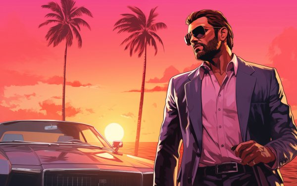 Grand Theft Auto VI HD wallpaper featuring a stylized character in a suit with sunglasses, set against a sunset, palm trees, and a classic car.