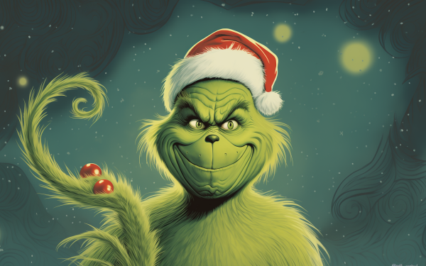 HD desktop wallpaper featuring The Grinch in a Santa hat with a mischievous smile, perfect for a festive background.