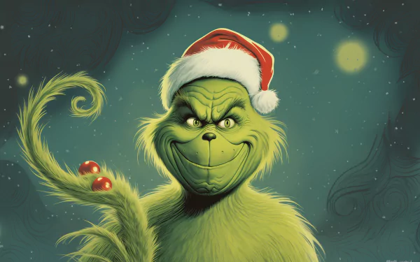 A vibrant HD desktop wallpaper featuring the Grinch, adorned with a Santa hat and a mischievous grin, set against a whimsical, starry background.