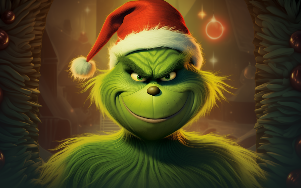 HD desktop wallpaper featuring The Grinch with a mischievous grin, wearing a Santa hat, set against a festive background.