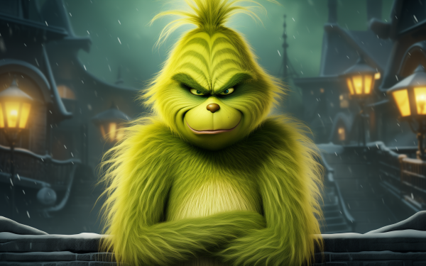 Alt Text: HD wallpaper of The Grinch with a mischievous expression, set against a snowy village backdrop, perfect for desktop background.