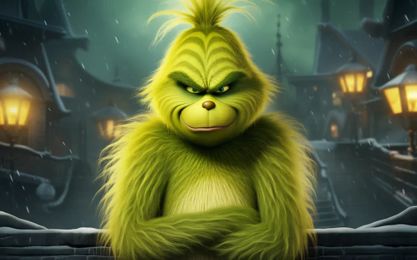 A vivid HD desktop wallpaper featuring the Grinch, with his signature scowl against a wintery backdrop of snow and dimly lit streetlamps.