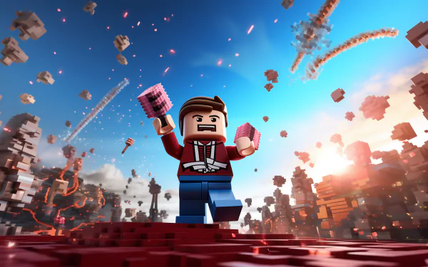 HD Roblox wallpaper featuring a dynamic scene with a character holding tools with exploding blocks and action in the background.
