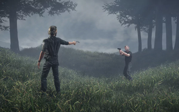 HD desktop wallpaper featuring a tense standoff between two characters in The Walking Dead: Destinies video game, set in a misty forest.