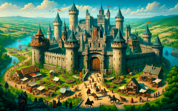 HD desktop wallpaper of a majestic medieval castle with surrounding village and landscape.