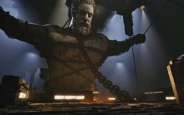 A dramatic HD wallpaper from The Talos Principle 2 featuring a colossal chained statue in an atmospheric environment, illuminated by beams of light.