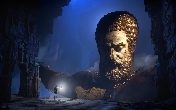 HD desktop wallpaper of The Talos Principle 2 video game featuring a character standing before a giant, mysterious statue head in a cavernous setting.