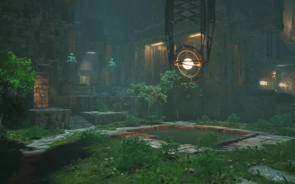 A lush, mysterious environment from The Talos Principle 2, featuring ancient structures, greenery, and a glowing orb, serves as a striking HD desktop wallpaper.