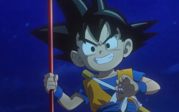 HD desktop wallpaper featuring Goku from Dragon Ball DAIMA anime, holding his power pole, with a dark blue background.