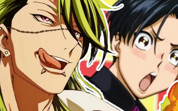 HD desktop wallpaper of characters from the anime Bucchigiri?!, featuring a smirking man with a chain and a surprised young person.