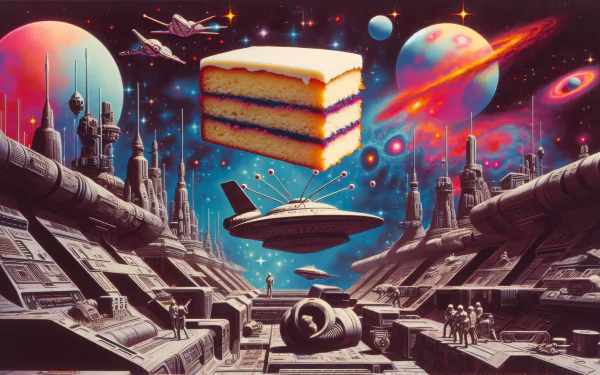 Sponge cake floating in a vibrant sci-fi space scene with spaceships and planets, HD desktop wallpaper and background.