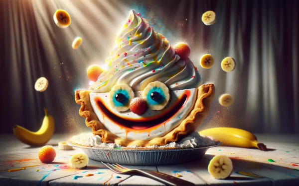 HD desktop wallpaper featuring an animated banana cream pie with a whimsical face and flying slices of banana against a festive backdrop.