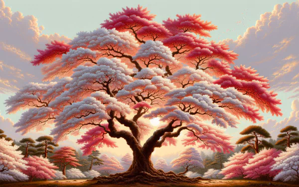 HD desktop wallpaper featuring a majestic cherry blossom tree with pink and white blossoms against a serene sunrise sky.
