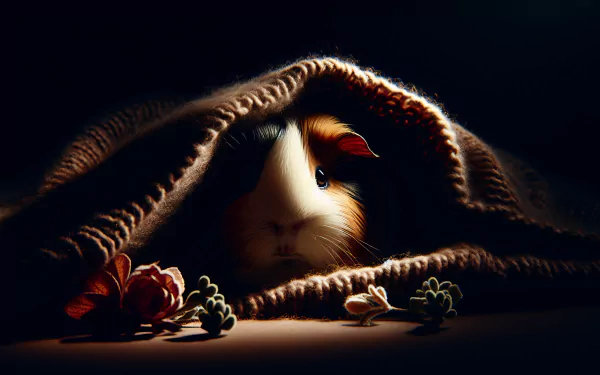 HD desktop wallpaper featuring a guinea pig peeking out from under a cozy blanket with soft lighting and delicate flowers.