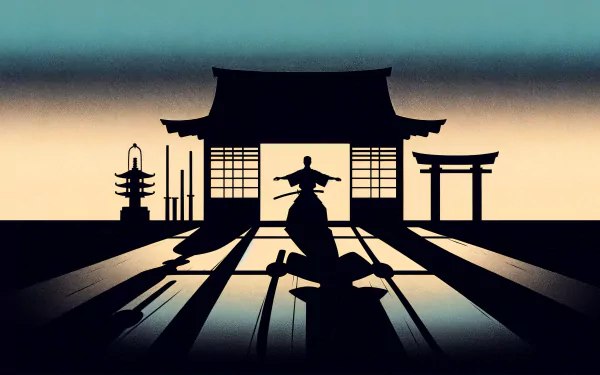 Silhouette of a martial artist practicing in a dojo at sunset, HD wallpaper.