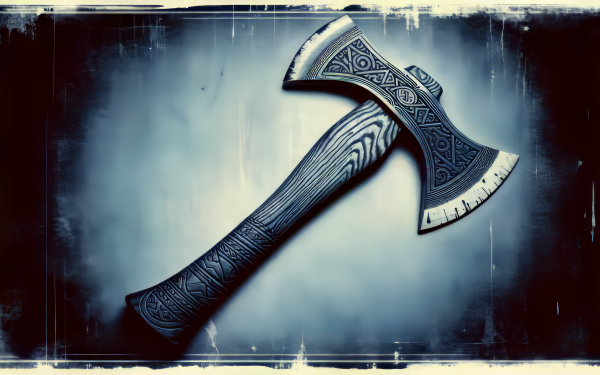 HD desktop wallpaper featuring a decorative axe with intricate designs on a moody, dark blue background.
