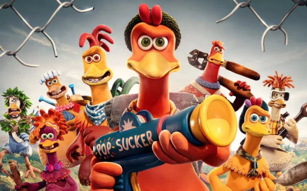 High-definition desktop wallpaper featuring characters from 'Chicken Run: Dawn of the Nugget' movie with a whimsical chicken holding a plunger gun.