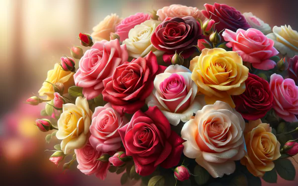 HD wallpaper of a vibrant bouquet of roses in various colors creating an elegant background.