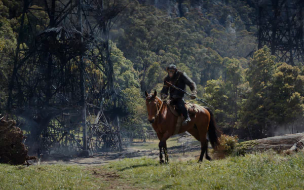 A scene from Kingdom of the Planet of the Apes, featuring a rider on horseback amidst a lush landscape, with towering structures and dense trees in the background.