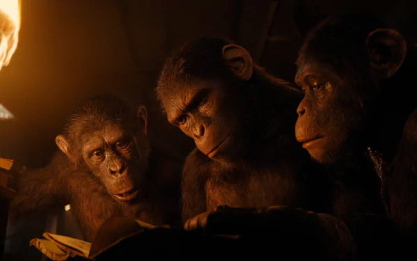 HD Wallpaper of 'Kingdom of the Planet of the Apes' featuring realistic apes reading a book with torchlight in the background.