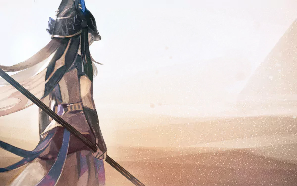 HD PC desktop wallpaper of Cyno from Genshin Impact, showcasing the character with a spear against a hazy desert background.