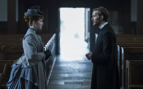 HD desktop wallpaper featuring two characters from Belgravia: The Next Chapter standing in a dimly lit church aisle, symbolizing drama and period intrigue.