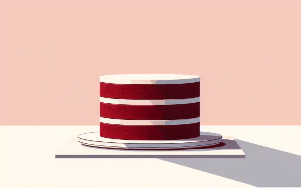 HD desktop wallpaper featuring a stylized red velvet cake on a plate with a pastel pink background.