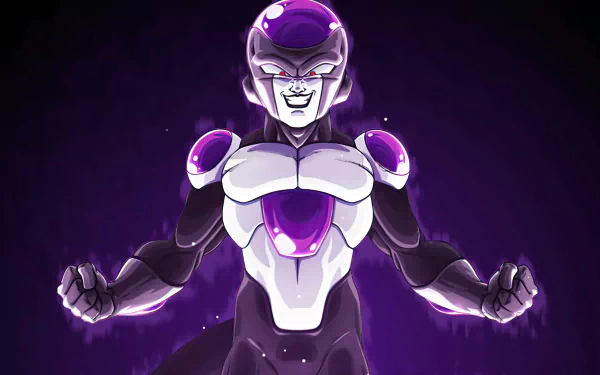 Frieza from Dragon Ball Super stands confidently against a dark purple background, showcasing his menacing expression and iconic form in a stunning HD wallpaper.