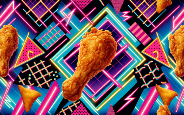 Vibrant HD desktop wallpaper featuring crispy fried chicken against a dynamic, artful background of neon colors and geometric shapes, creating a playful food-themed visual.