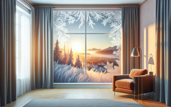HD desktop wallpaper featuring a frosty window with intricate ice patterns, overlooking a serene winter landscape at sunrise, in a cozy room with stylish decor.